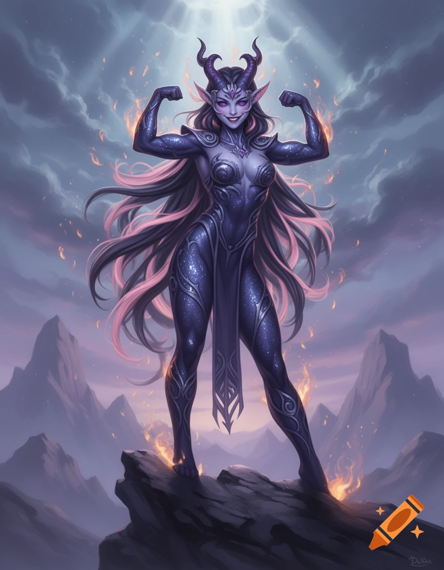 A proud female demon with dark skin, horns, and pink-tipped black hair, flexing her biceps while standing on a rocky peak with flames, against a cloudy sky with distant mountains.