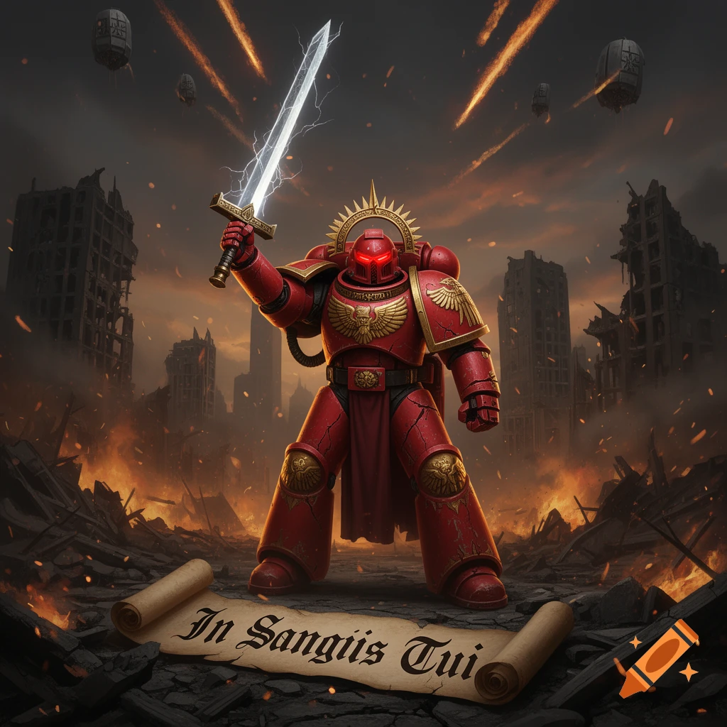 A red armored Warhammer 40k Blood Angel Space Marine holds a glowing power sword in a ruined, burning city with meteors falling, text 'In Sangiis Tui' on a scroll.