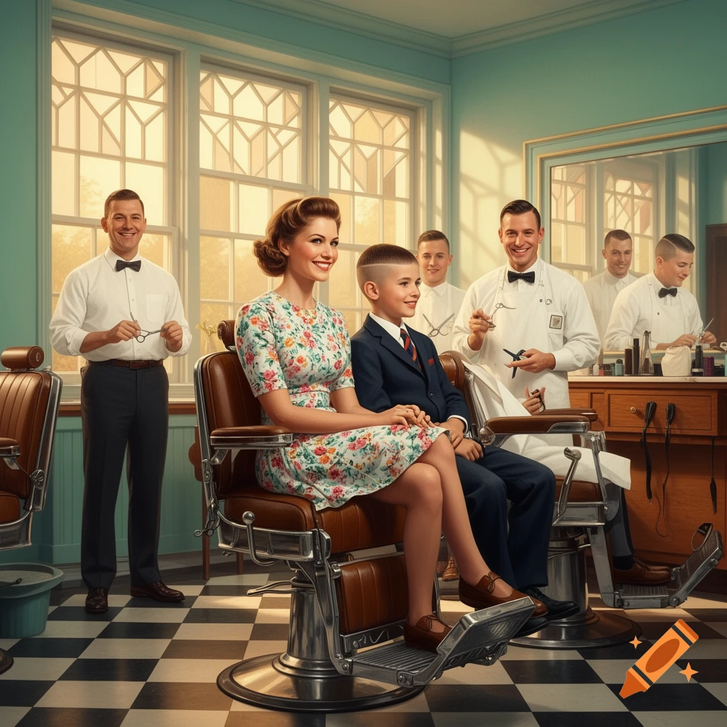 A smiling woman and her son sit in barber chairs in a barbershop, surrounded by several male barbers, in a vintage style.