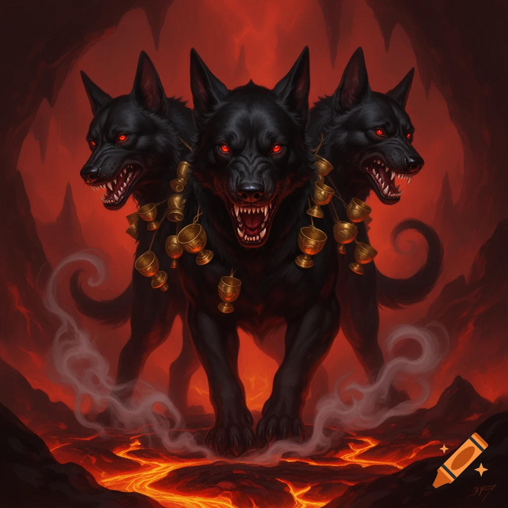 Three-headed black Cerberus with glowing red eyes and golden cup ...