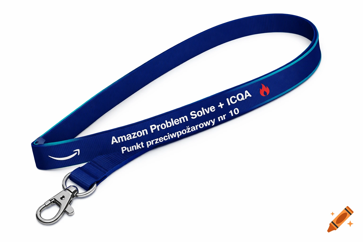 A blue lanyard with 'Amazon Problem Solve + ICQA' and 'Punkt przeciwpożarowy nr 10' text, a flame symbol, and an Amazon smile logo, attached to a silver carabiner.