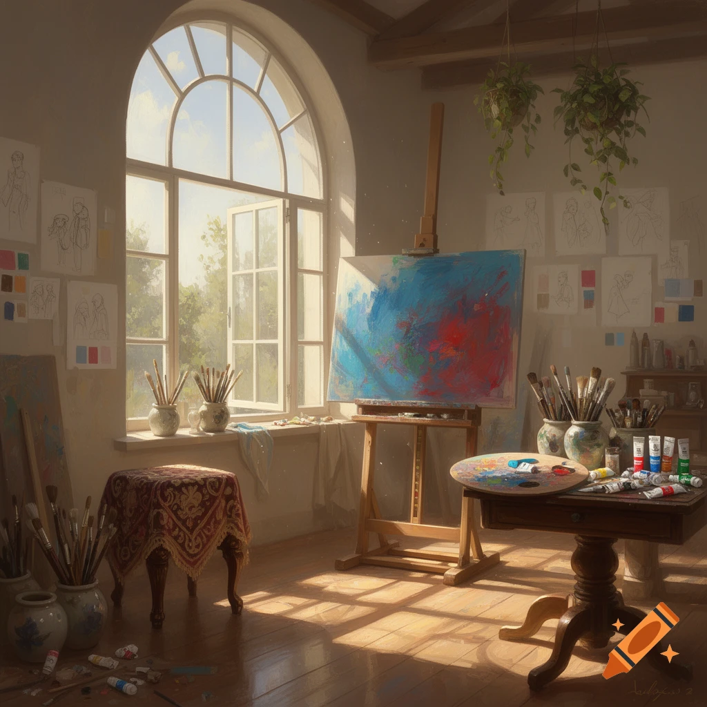 A bright artist's studio with an easel, paints, and brushes, illuminated by sunlight streaming through a large arched window.