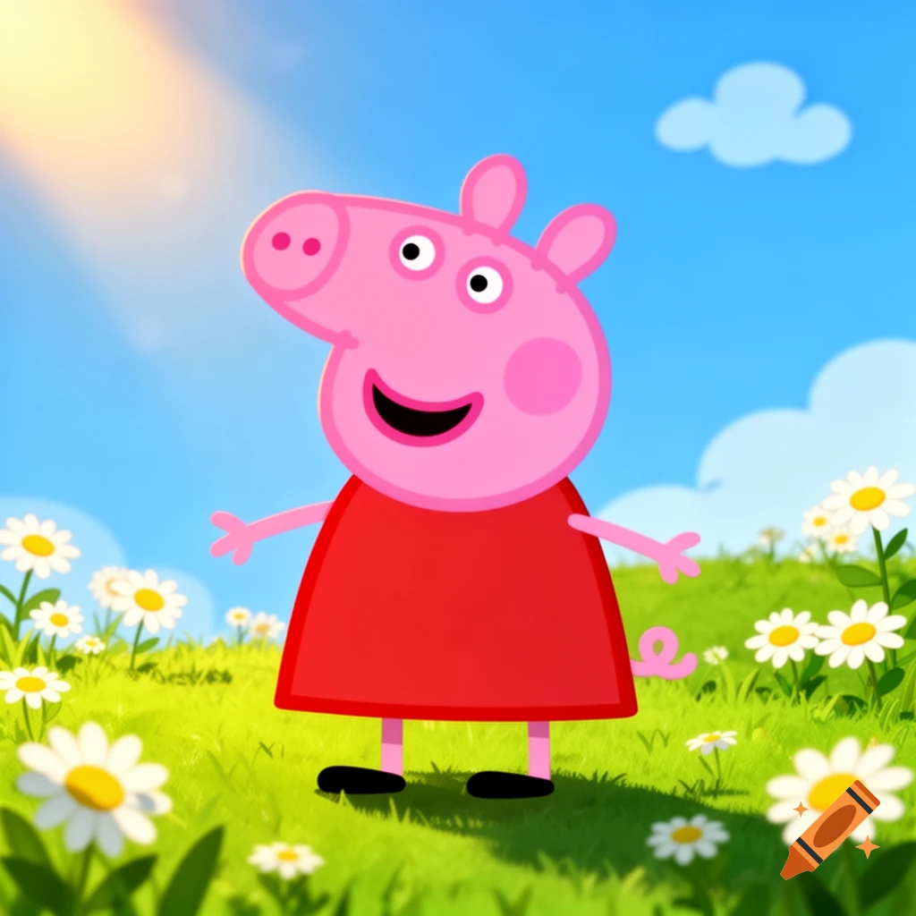 Peppa Pig stands in a sunny green field with white daisies and a blue sky.