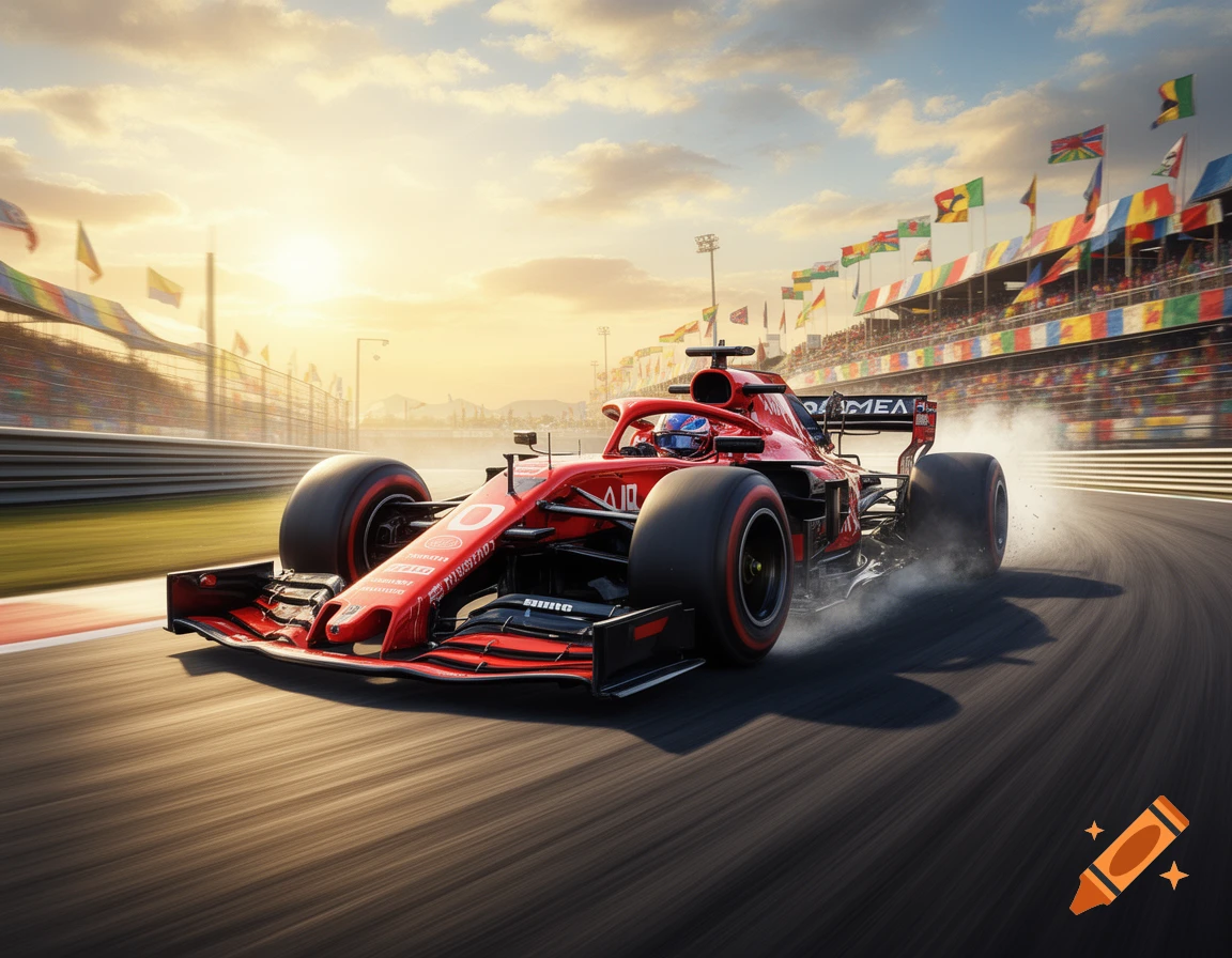 A red Formula 1 car speeds around a racetrack under a dramatic sunset, with blurred motion and a grandstand of flags in the background.