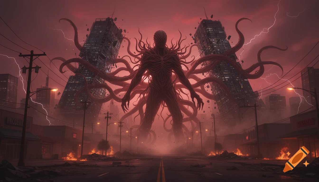 A giant, red, tentacled flesh monster from Stranger Things looms over a burning, ruined city under a stormy red sky with lightning.