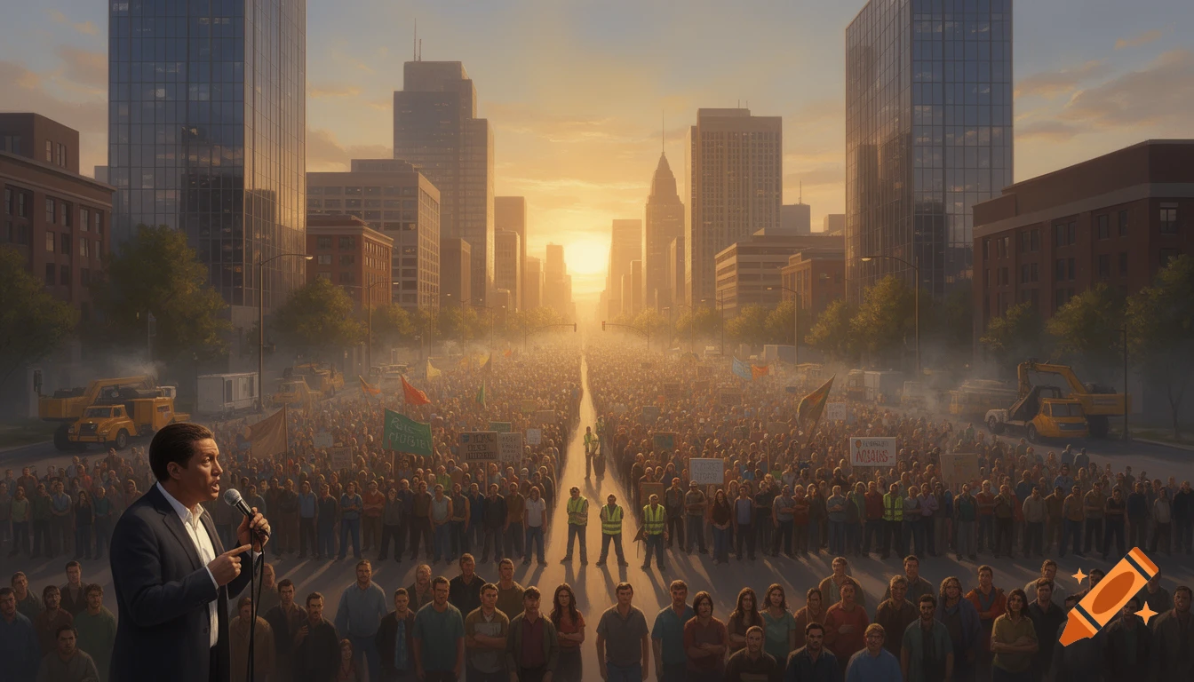 A massive crowd fills a city street at sunrise, listening to a speaker at a protest, with tall buildings in the background.