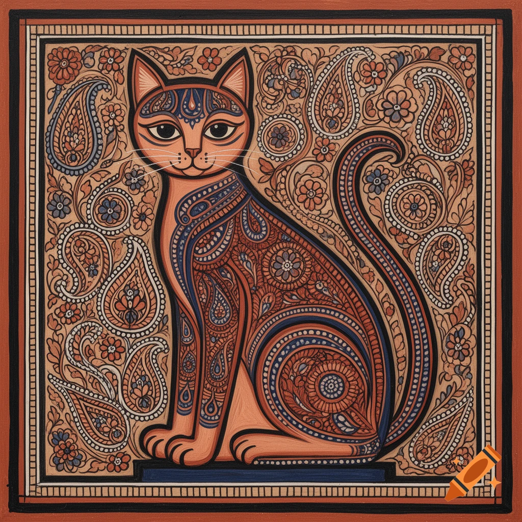 A stylized cat in Jamini Roy Indian Madhubani art style, featuring intricate orange and blue patterns on a patterned background.