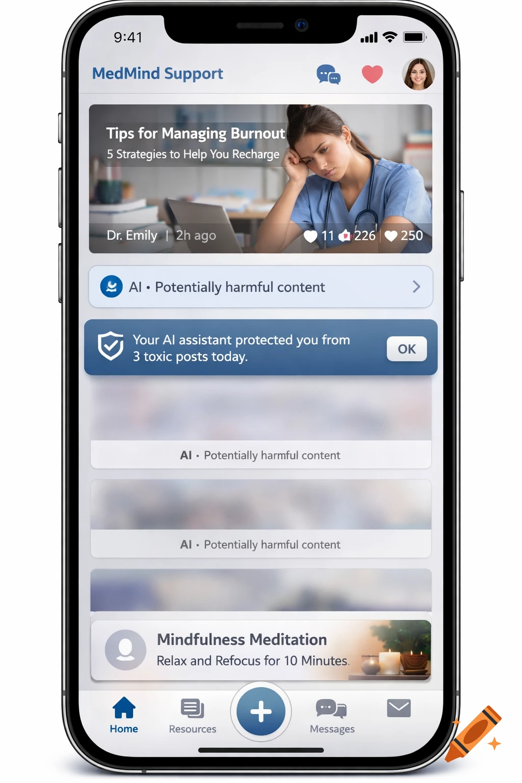 A hyper-realistic iPhone UI showing a mental health support app. The screen displays posts about managing burnout and mindfulness, with a notification indicating AI protection from toxic content.