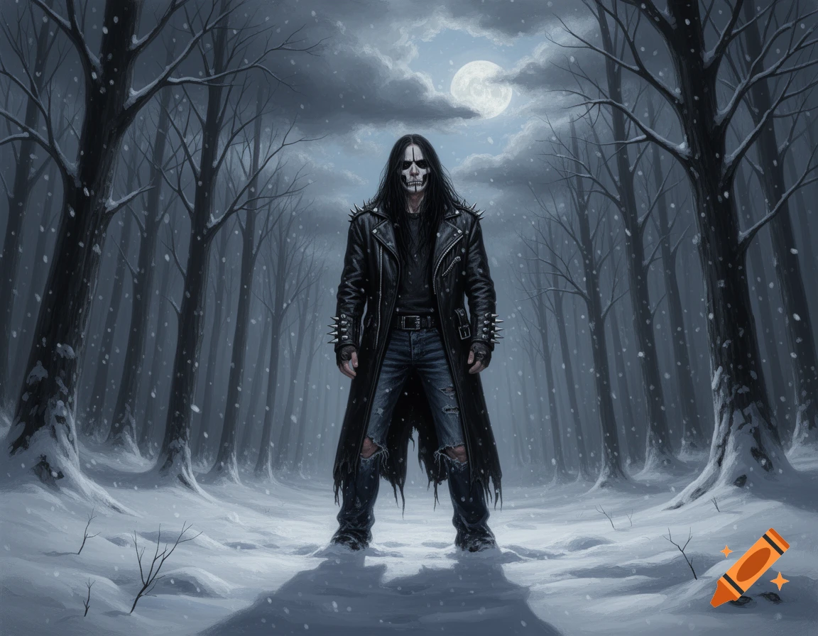 Man with corpse paint in a spiked leather coat stands in a snowy, dark forest under a full moon, in a black metal style.