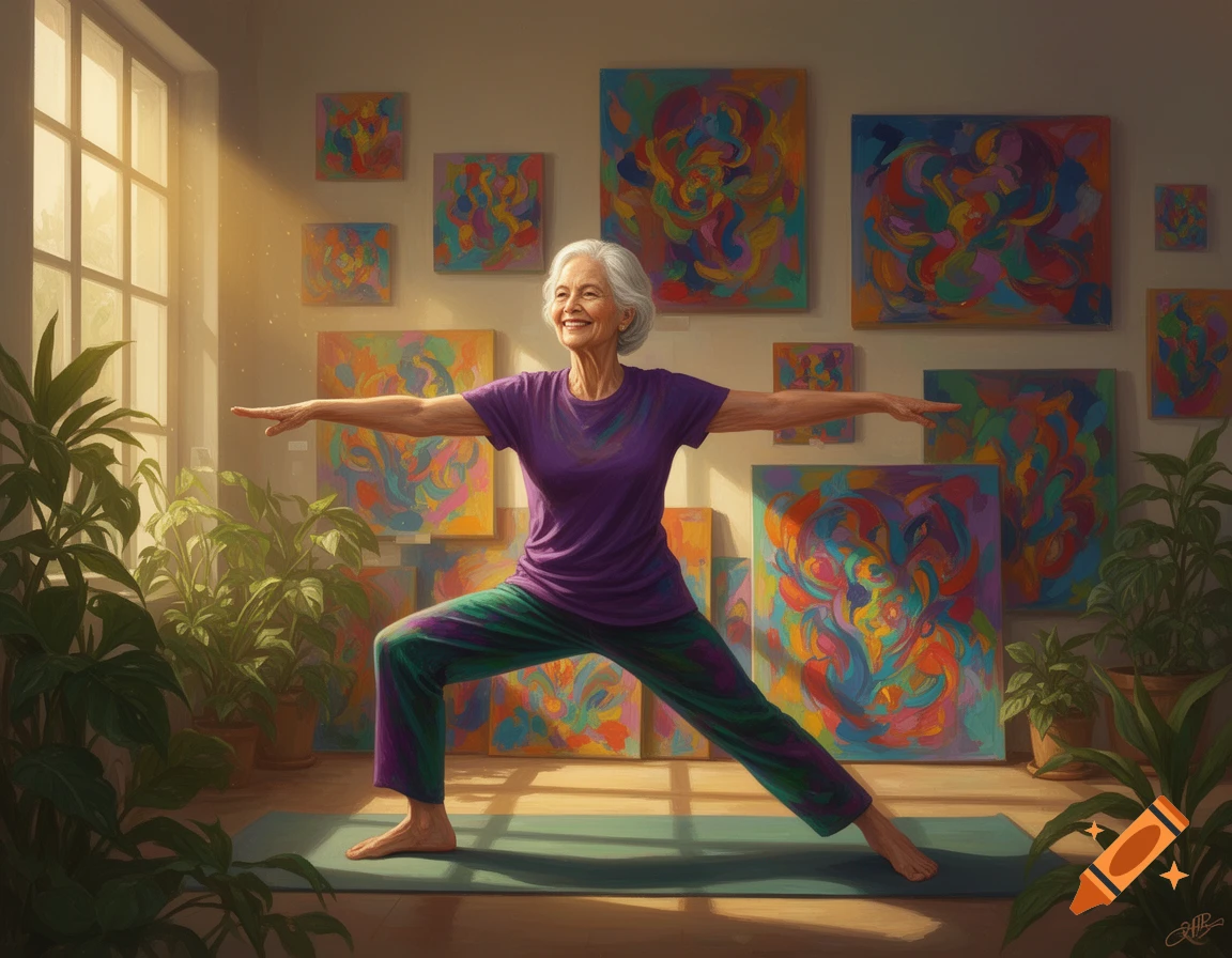 Agile senior woman doing yoga in a sunlit room filled with colorful abstract paintings and green plants.