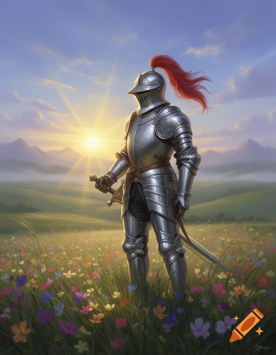 A knight in shining armor with a red plume stands in a vibrant wildflower field at sunrise, mountains in the background.