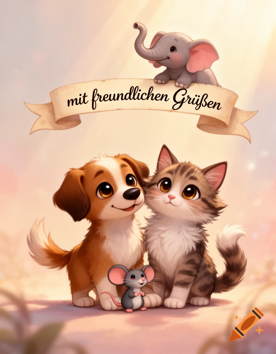 Cute cartoon dog, cat, mouse, and elephant with a banner reading 'mit freundlichen Grüßen'.