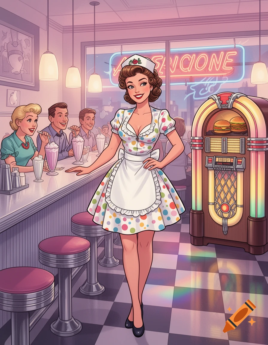 Cartoon 1950s diner scene with a smiling waitress in a polka-dot dress and apron standing by a counter where customers drink milkshakes, next to a jukebox.