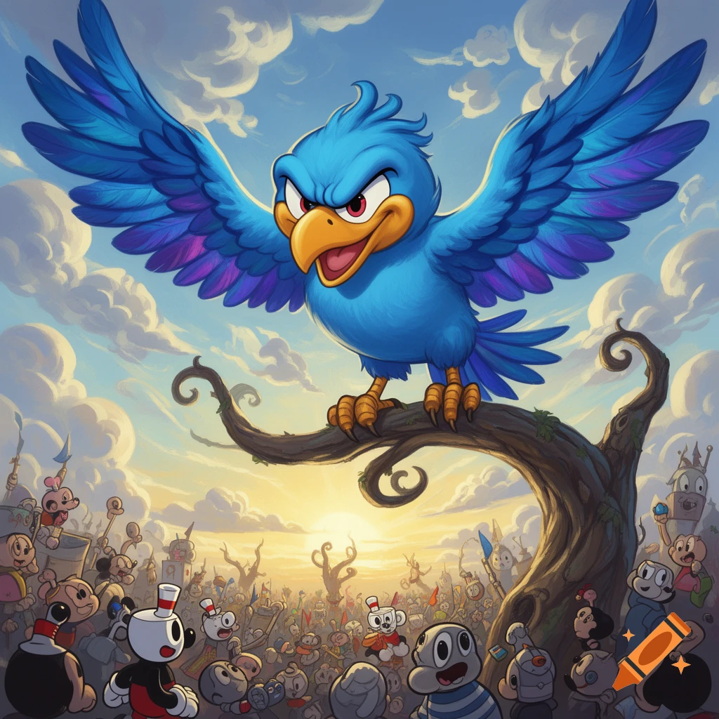 A large blue cartoon bird (Wally Warbles) glares from a tree branch above a crowd of Cuphead characters at sunset. Cartoon style.