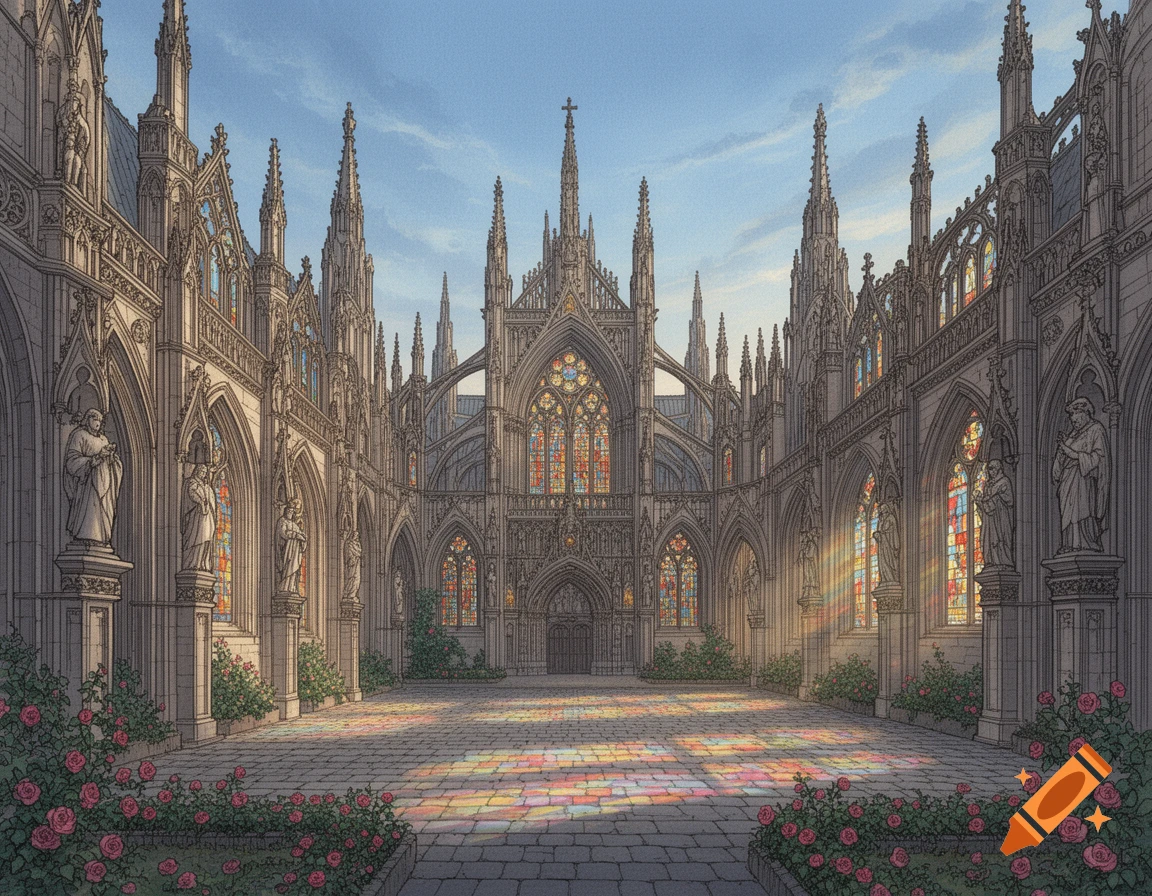 Detailed illustration of a grand Gothic cathedral courtyard with stained glass, statues, and rose bushes, under a blue sky.