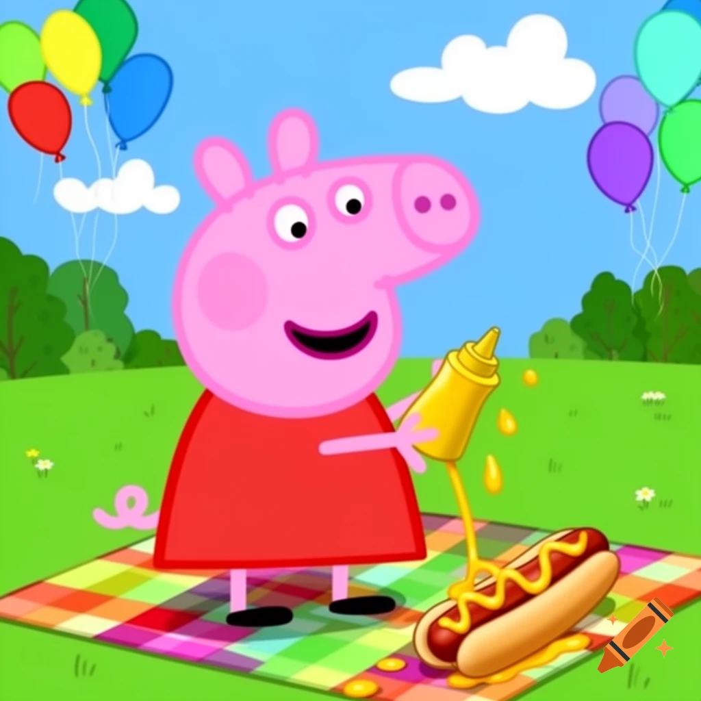 Peppa Pig squeezes mustard onto a hot dog on a plaid picnic blanket, surrounded by balloons in a grassy park.