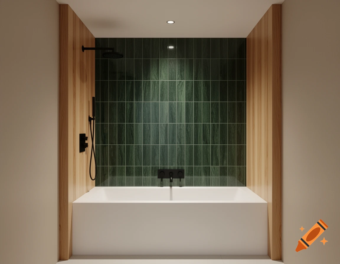 A modern bathroom interior featuring a white tub, dark green vertical tiles, and wood-look side walls with matte black fixtures.