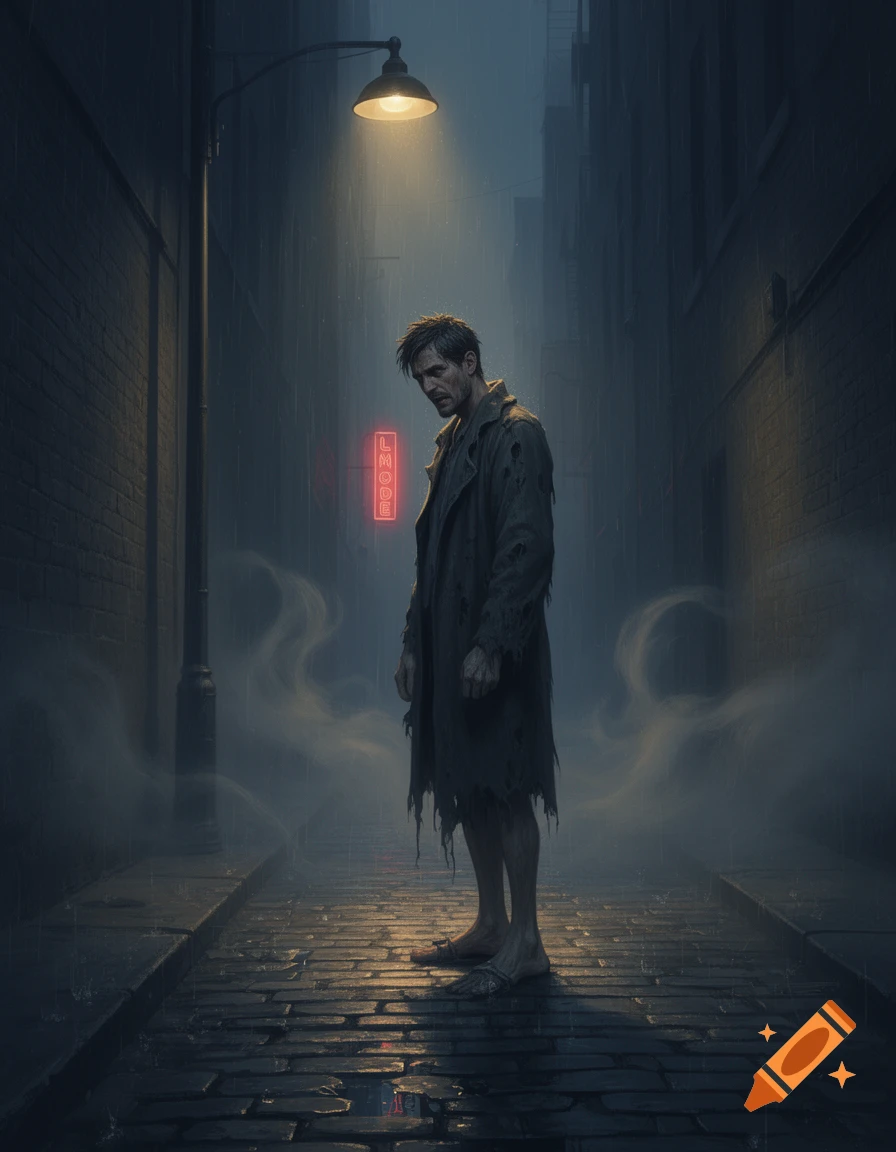 A desperate, bedraggled man stands barefoot in a dark, rainy alley under a street lamp, with a neon sign. Photorealistic.