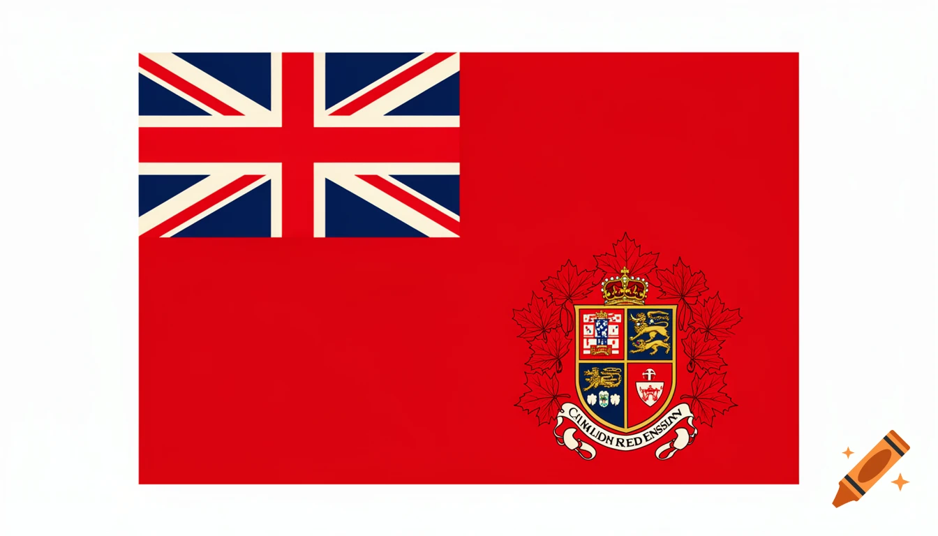 A red flag with the Union Jack in the canton and a Canadian coat of arms surrounded by maple leaves in the fly.
