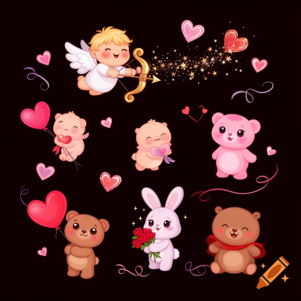 Cute cartoon Valentine's characters, including Cupid, teddy bears, and a bunny, surrounded by hearts and glitter on a black background.