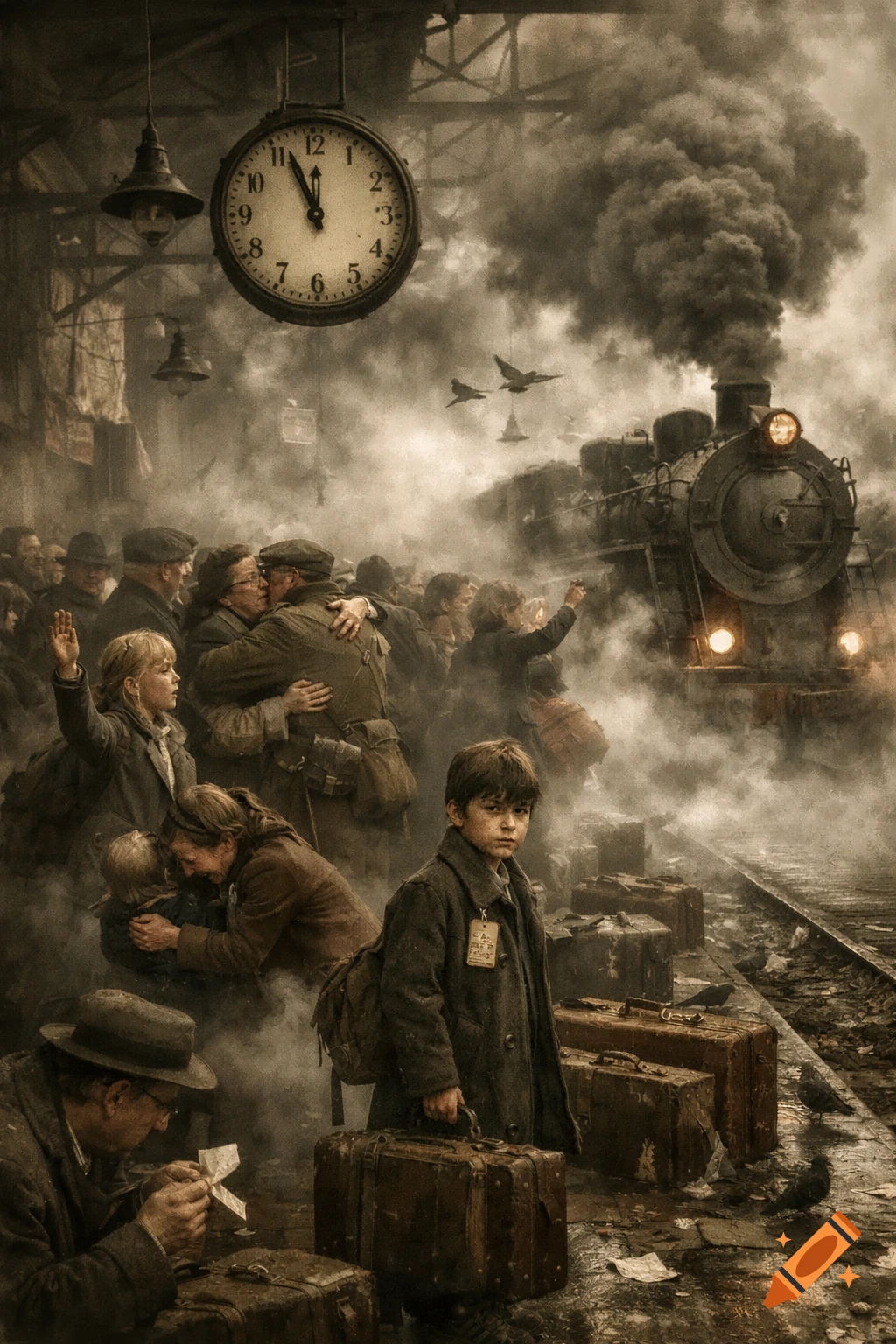Sepia-toned historical painting of a crowded train station during an evacuation, with a boy holding a suitcase in the foreground as people embrace amid smoke and a departing train.