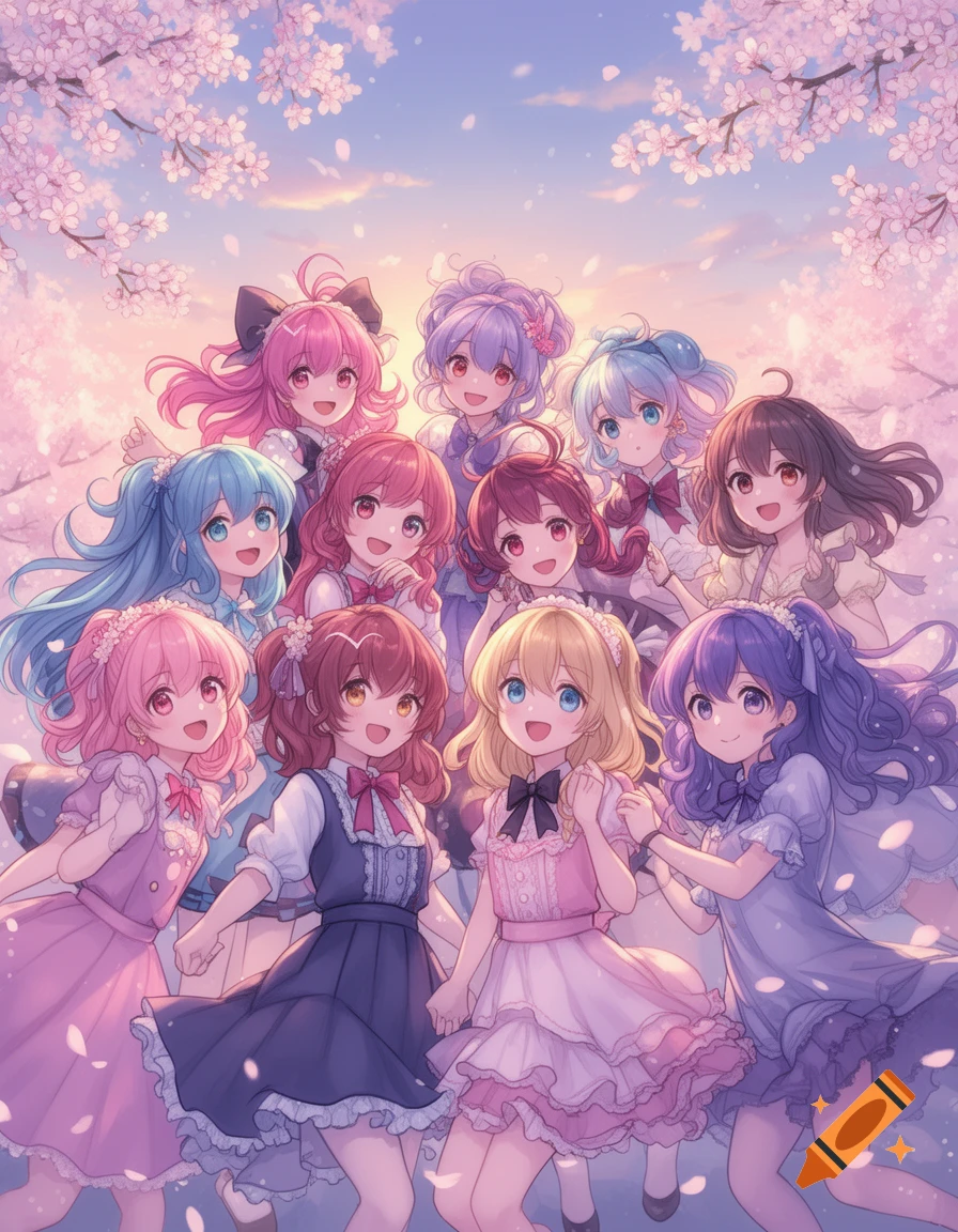 A group of smiling anime girls with colorful hair under blooming cherry blossom trees, in a bright, pastel anime art style.