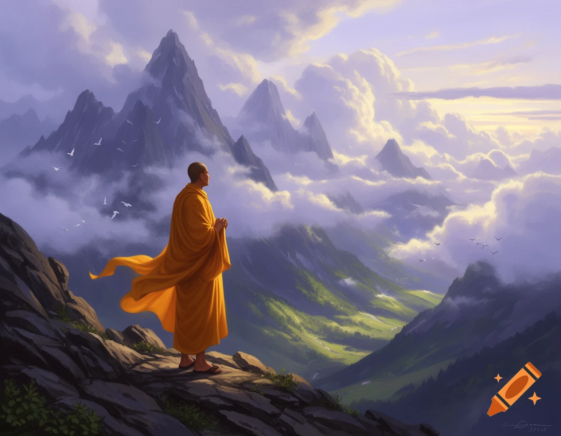 A digital painting of a monk in orange robes standing on a rocky mountainside, looking over a vast, cloudy mountain range and green valley at sunrise.