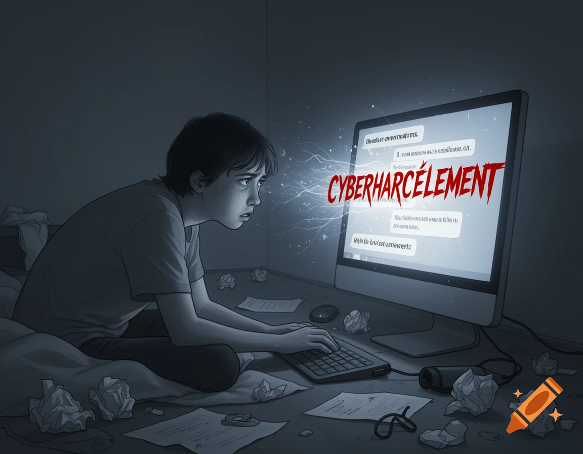 A distressed young boy in a dark room looks at a computer screen displaying 'CYBERHARC HARCELEMENT' in red text and chat bubbles, surrounded by crumpled papers.