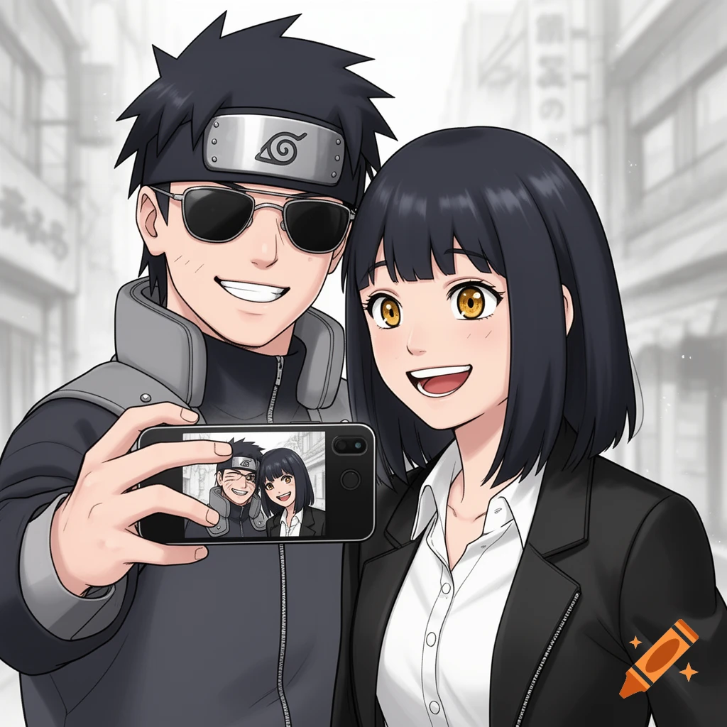 Manga style portrait of Shino Aburame and a young woman with short black hair taking a selfie and smiling.