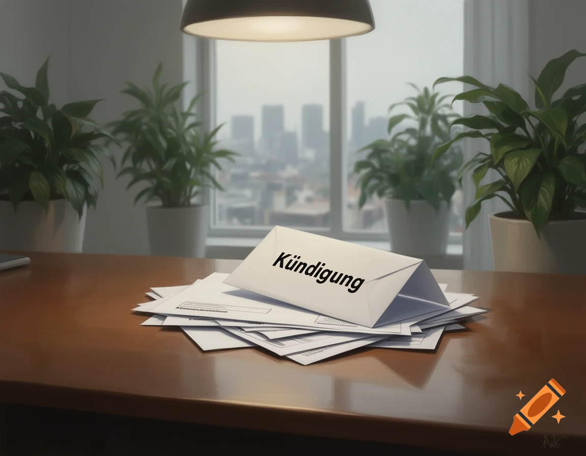 A white envelope with 'Kündigung' on a wooden desk, with office plants and a blurry city view through a window, photorealistic.
