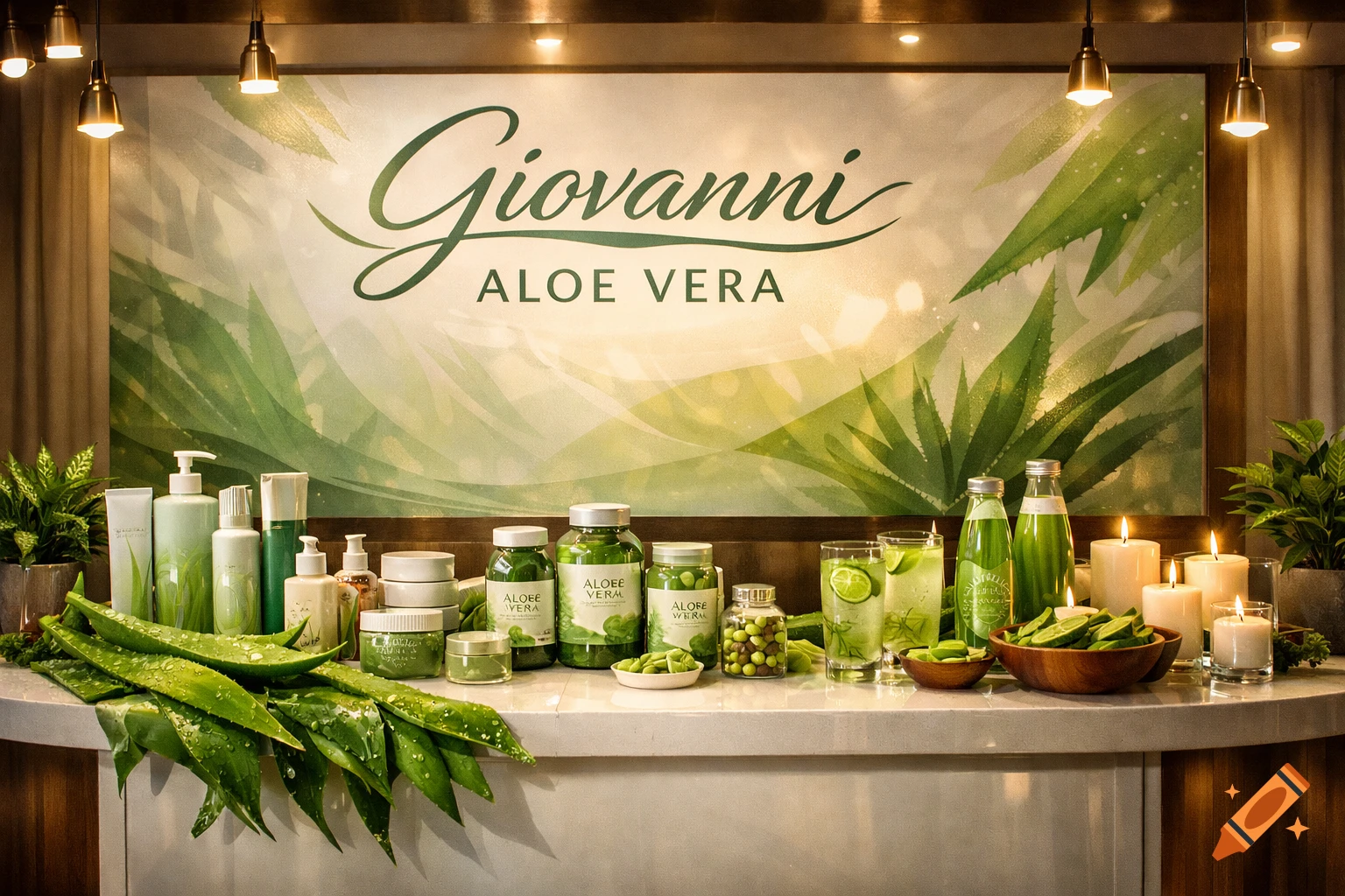 A professional display of Giovanni Aloe Vera products, including skincare, beverages, and supplements, on a counter with a green aloe-themed backdrop.