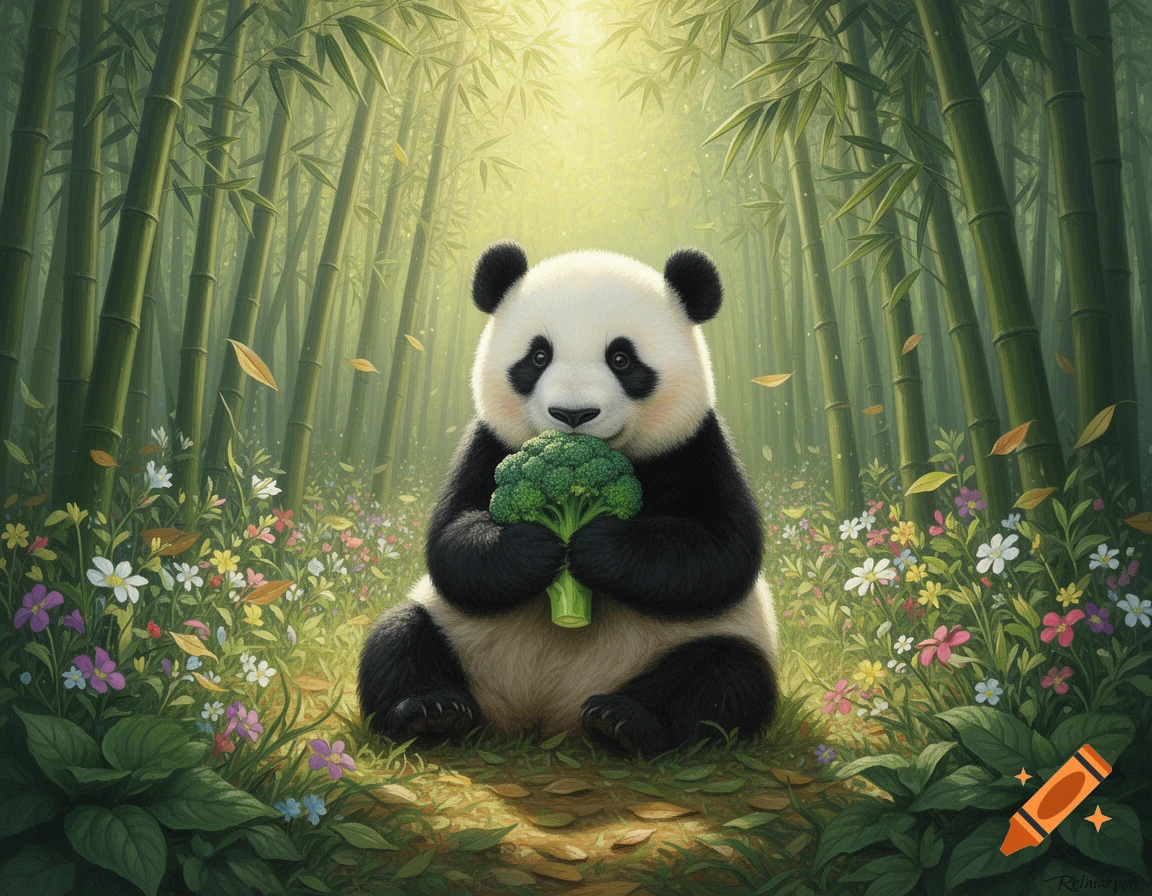 A fluffy panda sits in a sunlit bamboo forest with wildflowers, holding a head of broccoli.