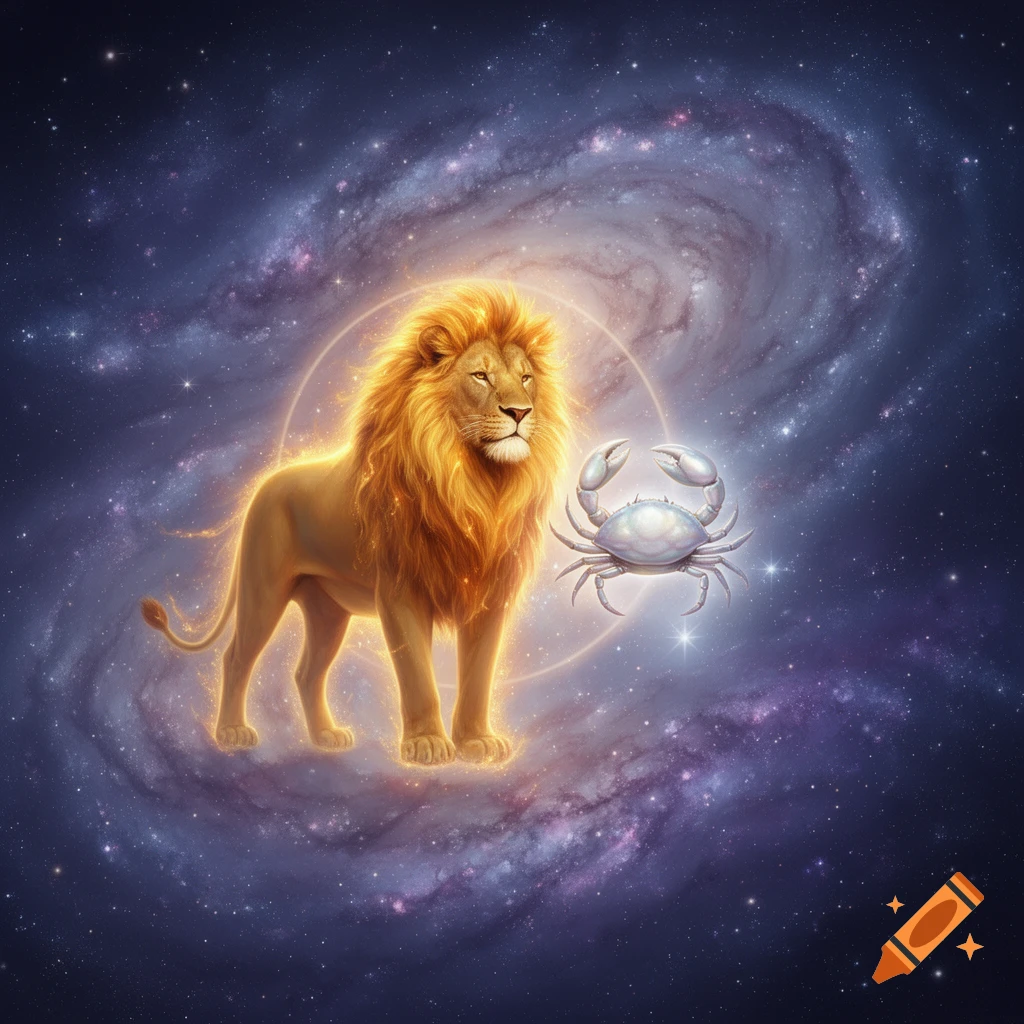 A majestic golden lion and a silver crab, glowing and outlined, against a swirling blue and purple galaxy filled with stars.