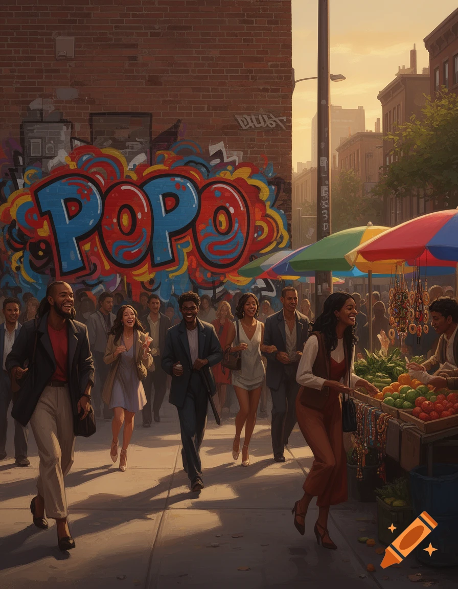 A vibrant city street scene with people walking past a colorful market stall and a brick wall with 'POPO' graffiti. Golden hour lighting.