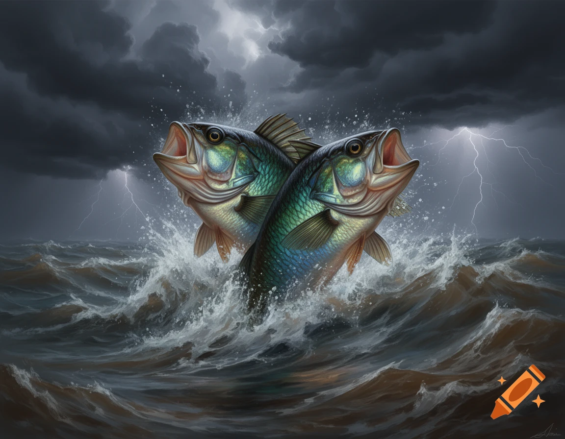 Two fish, possibly bass, leap from stormy waves with open mouths, set ...