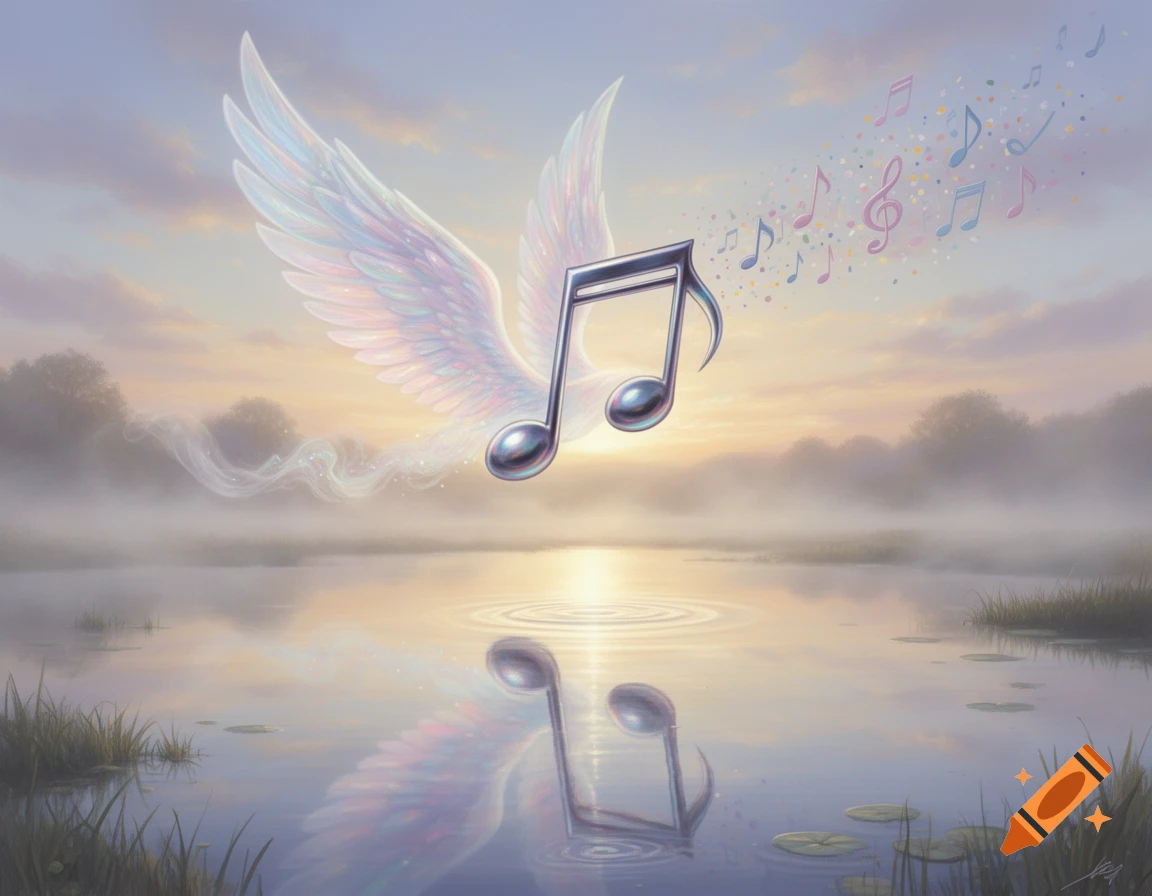 A winged music note flies over a misty lake at sunset, releasing ...
