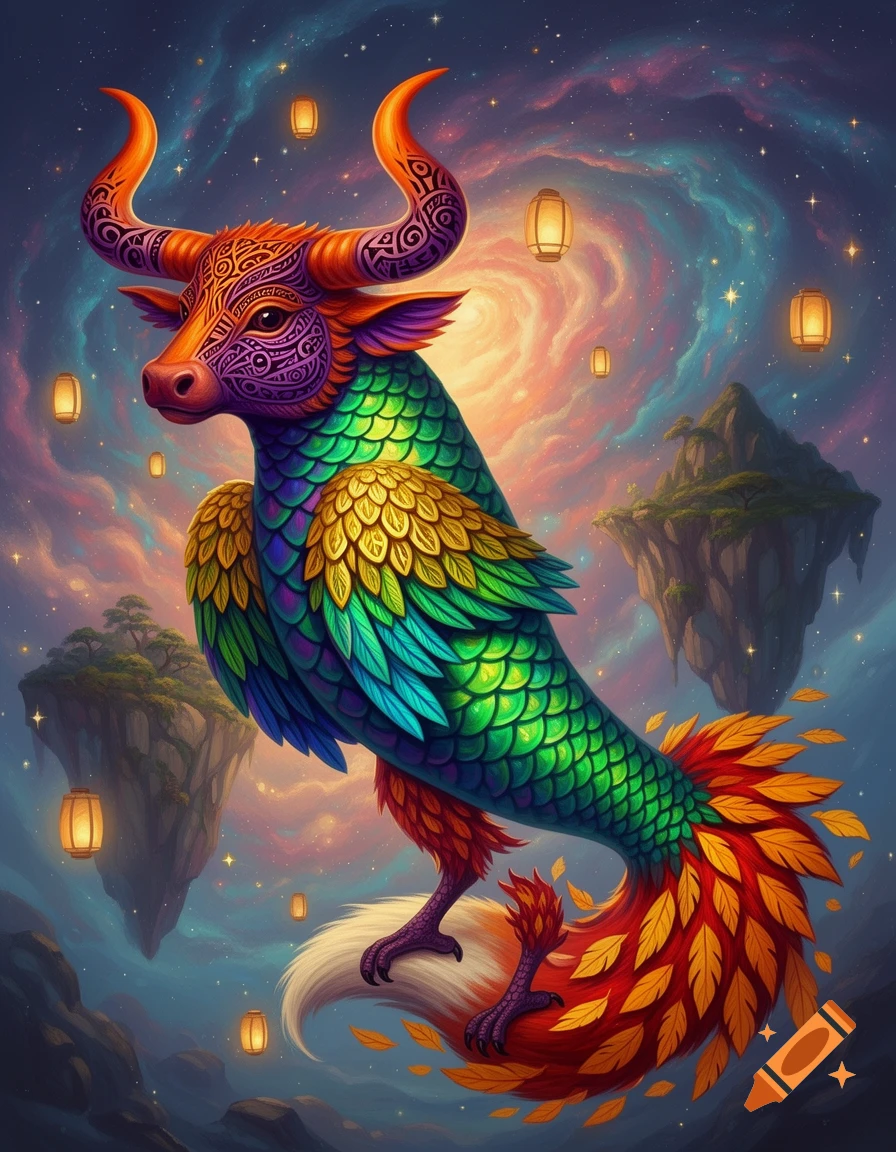 A vibrant, intricately patterned alebrije creature with a bull's head, scaled body, and fox tail floats in a cosmic sky.