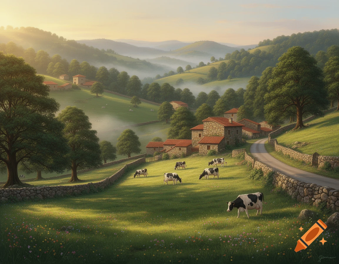 Scenic painterly landscape of cows grazing on sunny green hills with stone houses, a winding road, and misty valleys.