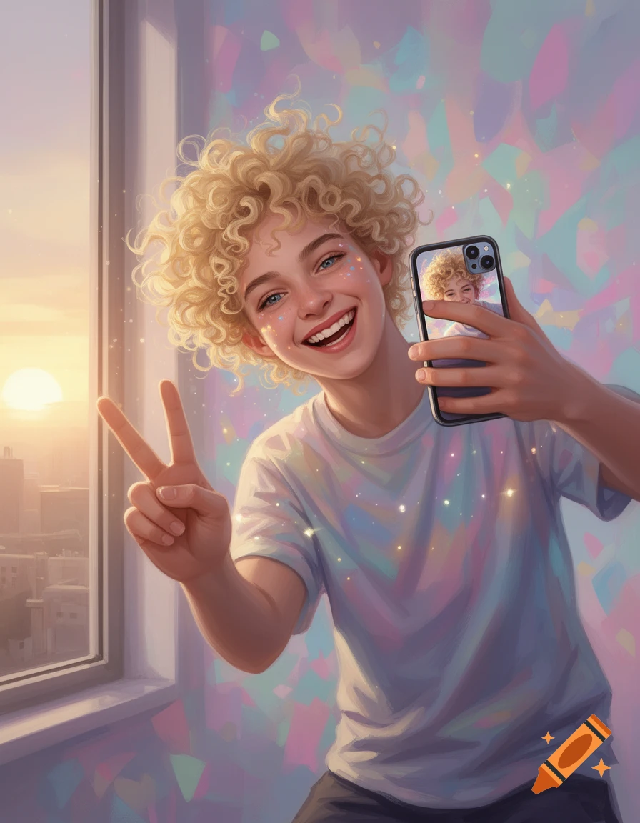 Digital illustration of a happy teenager with curly blonde hair taking a selfie and making a peace sign by a window at sunset.