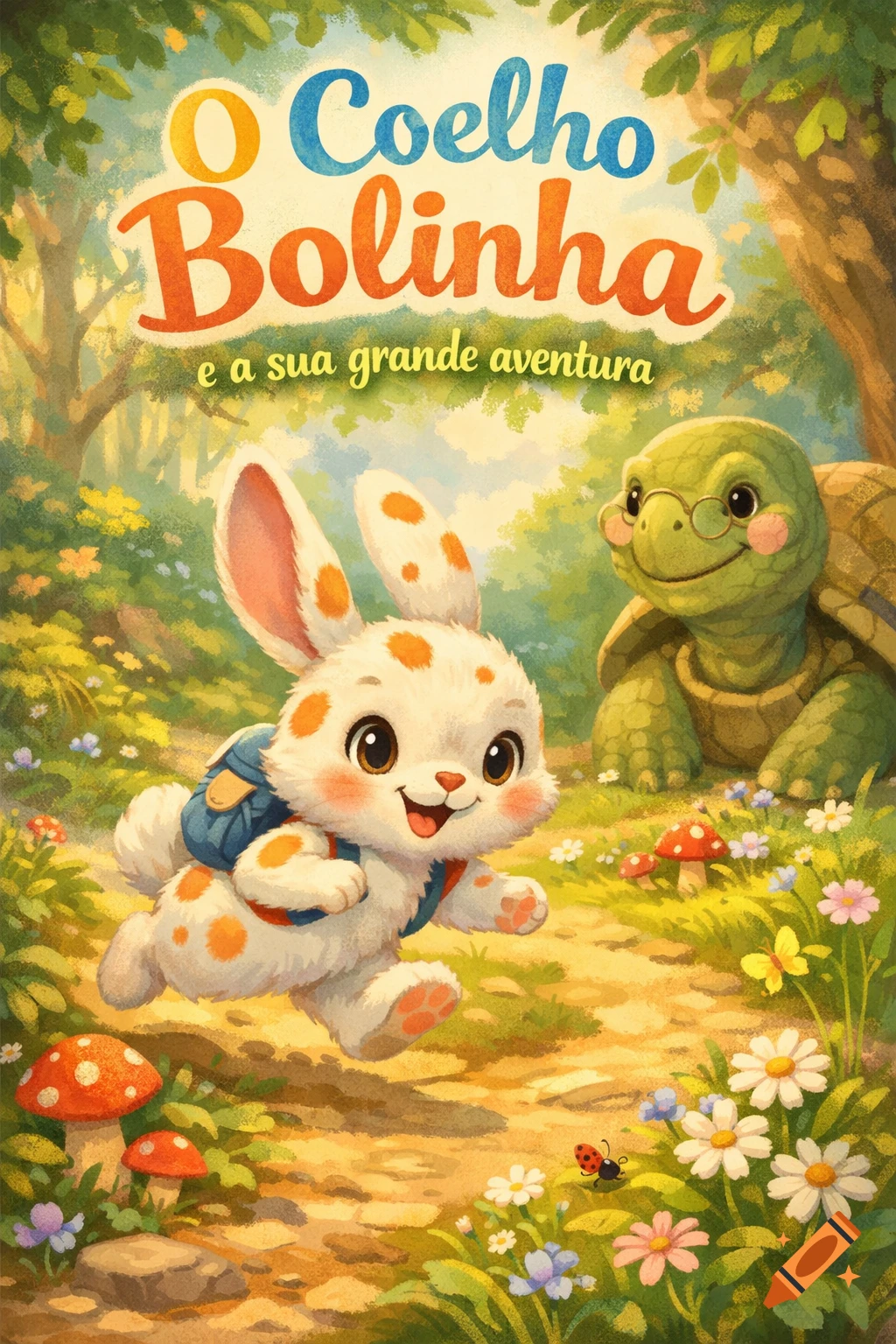 A vibrant children's book cover featuring a cute spotted rabbit with a backpack running, with a smiling turtle in the background, in a forest.