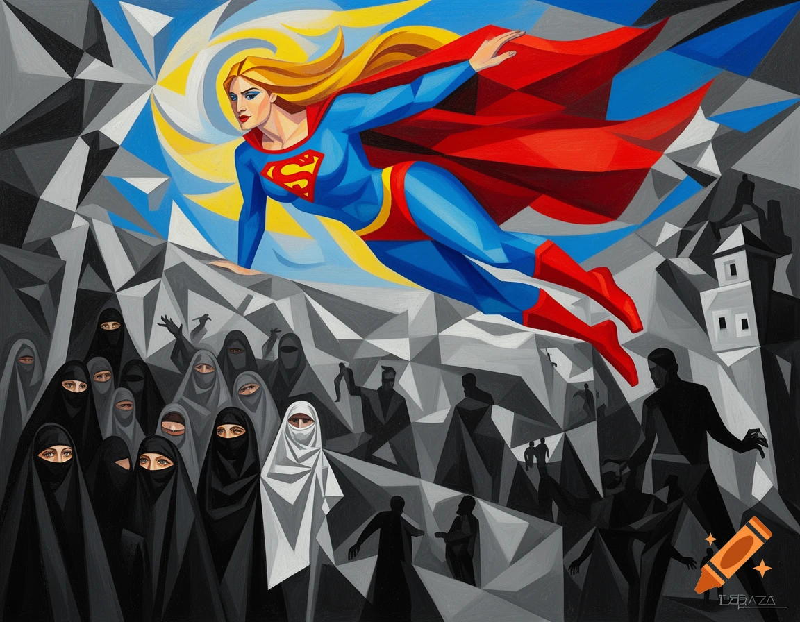 Cubist painting of Supergirl flying above a crowd of women in burkas, with shadowy figures of men and buildings below.