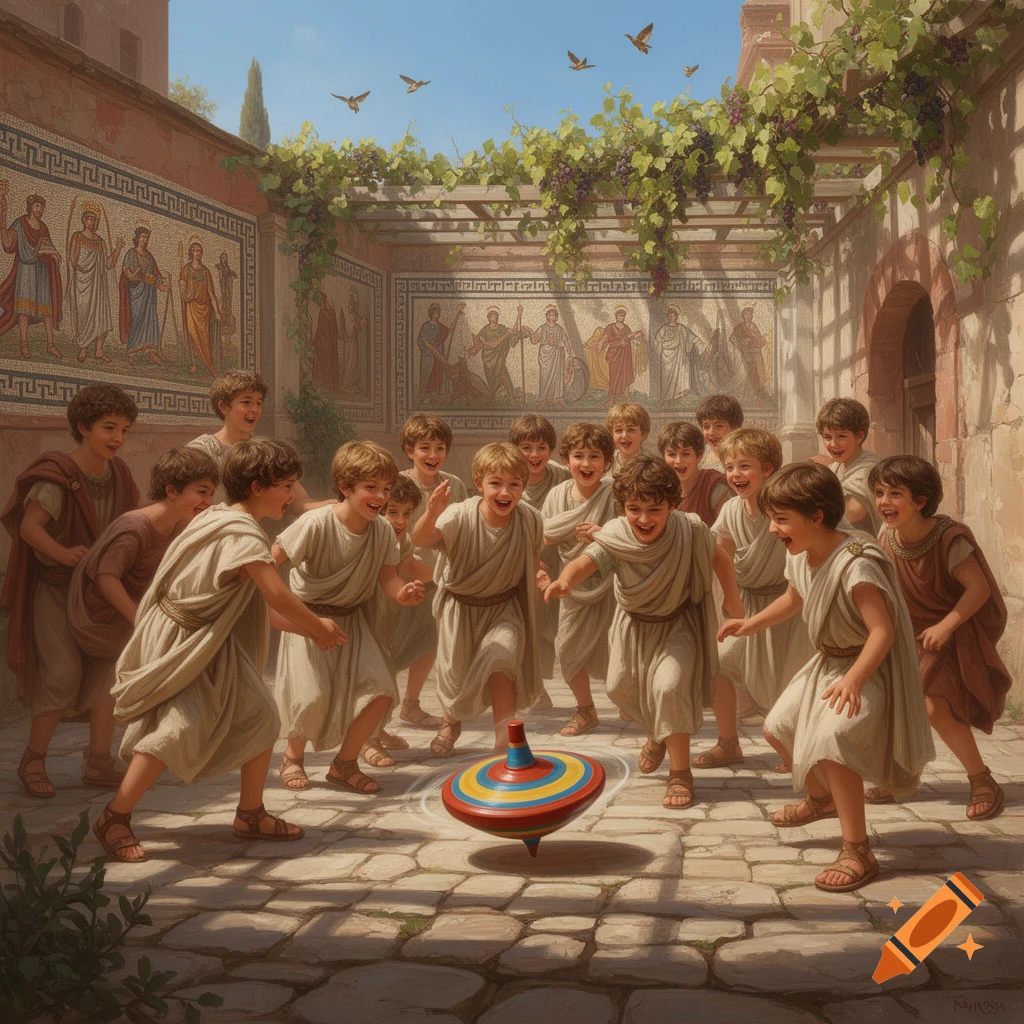 Ancient Roman boys in tunics play with a spinning top in a sunlit stone courtyard with mosaic walls.