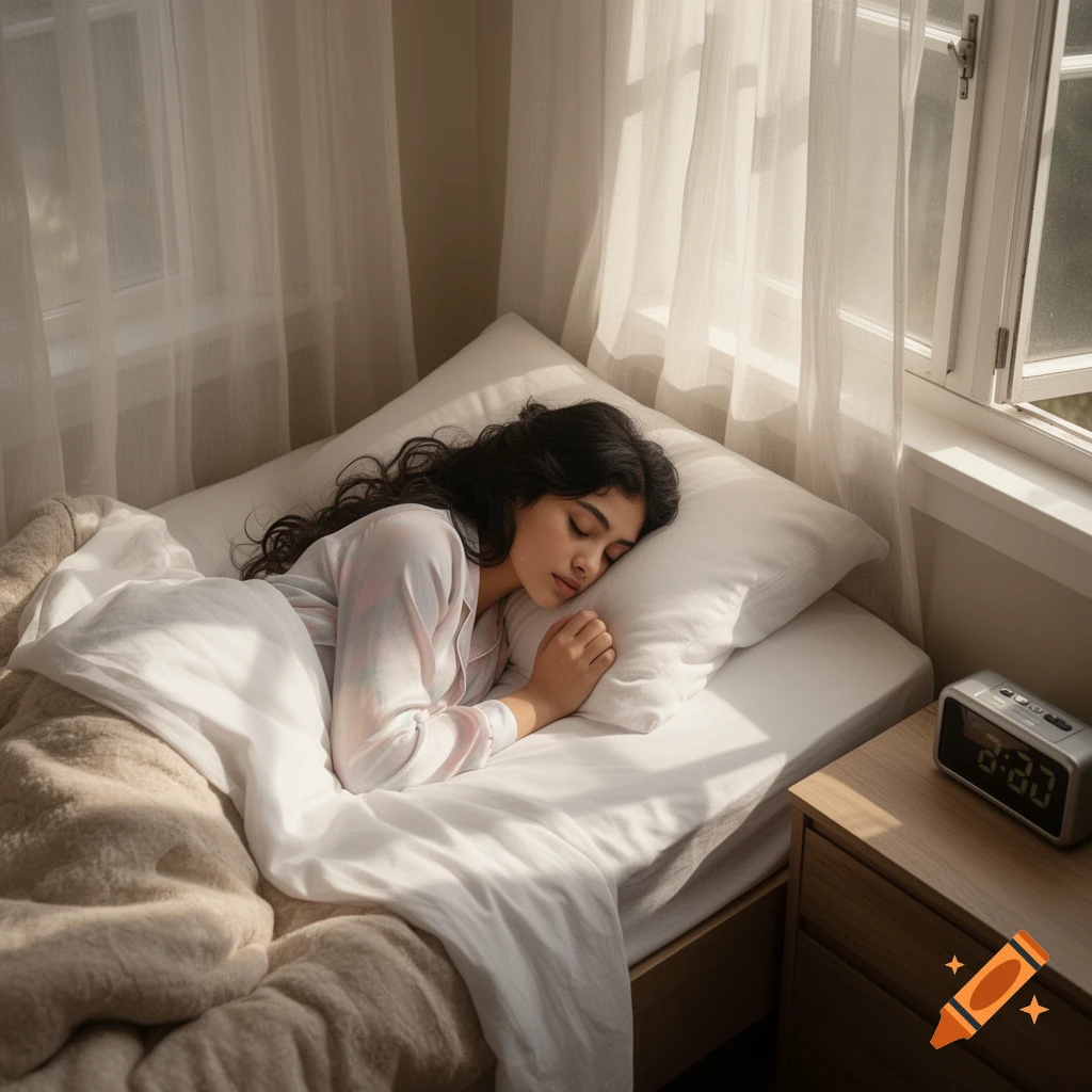 A photorealistic image of a woman sleeping peacefully in a sunlit bed with an alarm clock on a nightstand.