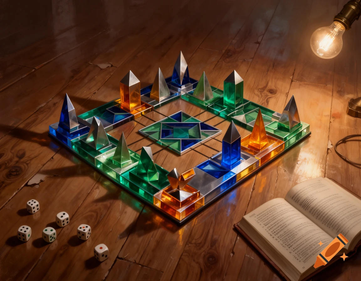 An abstract board game with colorful translucent and metallic geometric ...