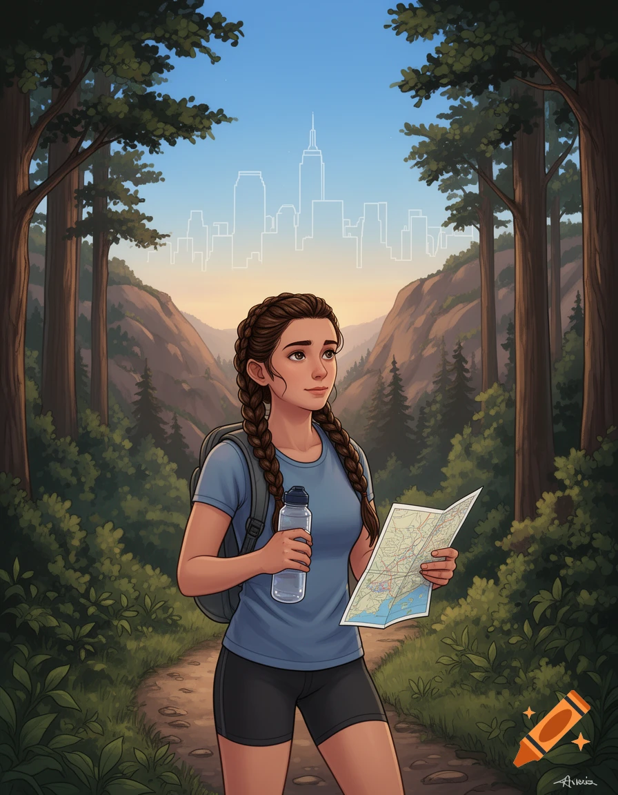 Illustrated woman with braids in hiking gear holding a map and water bottle on a forest path, looking at a distant city skyline.