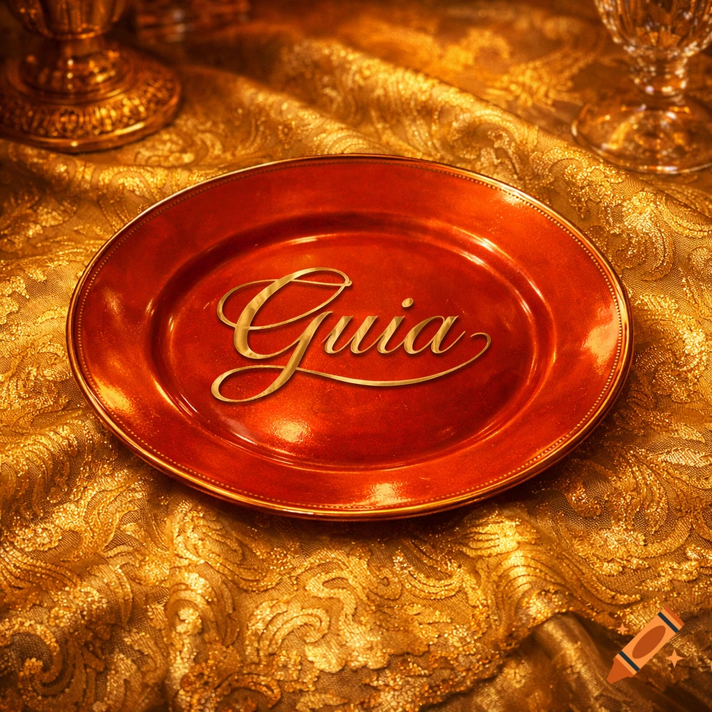 Orange-red plate with 'Guia' in gold cursive on a textured golden tablecloth, with glimpses of a goblet and stand.