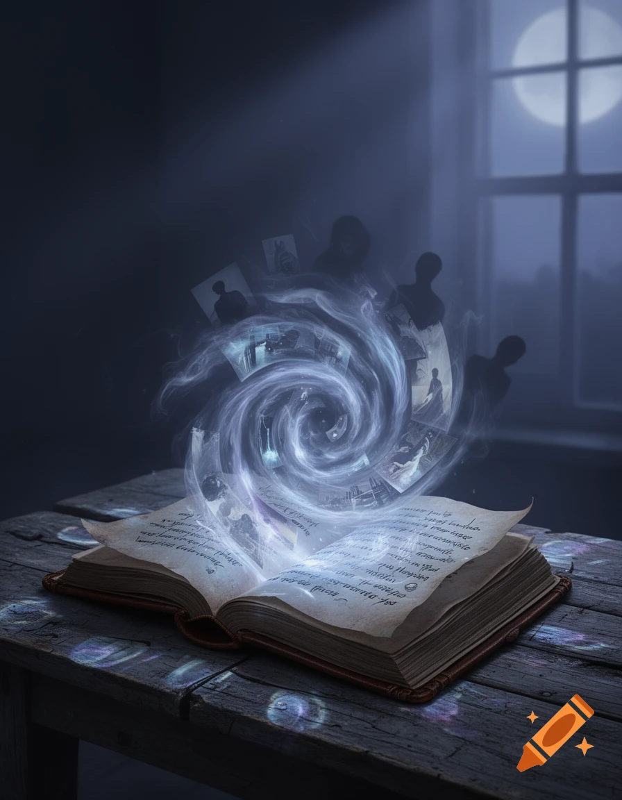 An open book with glowing pages on a wooden table, emitting a magical swirl of abstract, blurry images and silhouettes into a dark, moonlit room.