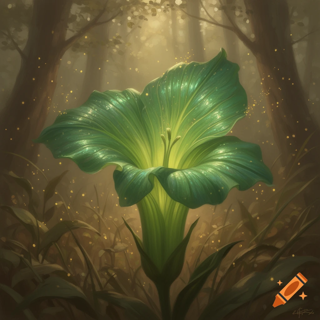A large, luminous green fantasy flower glows in a mystical forest with golden dust motes.