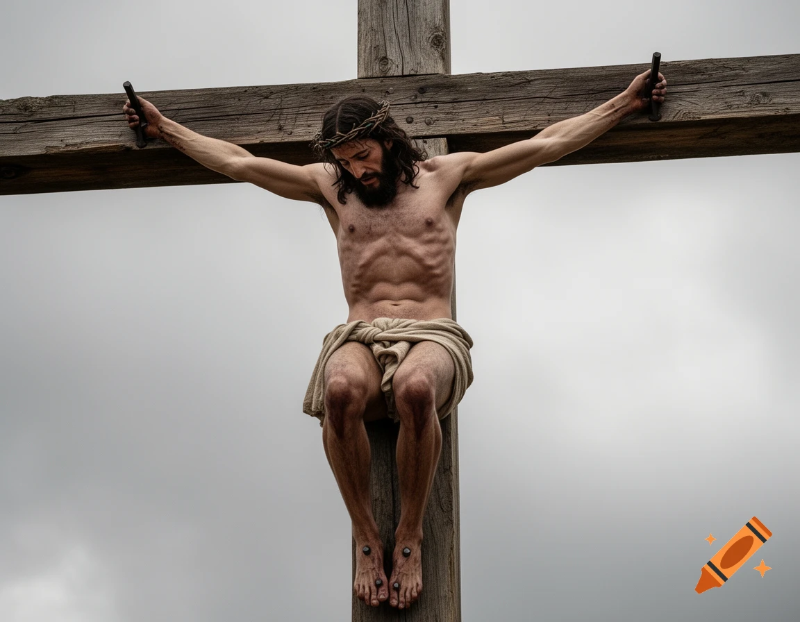 Jesus Christ nailed to a wooden cross, wearing a loincloth, head slumped in exhaustion under an overcast sky, realistic style.