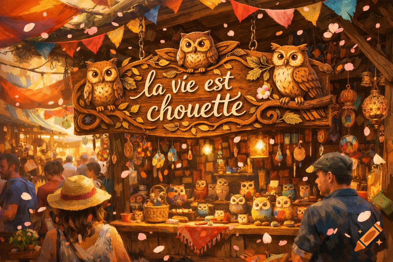 A vibrant, painterly market stall features a sign with 'la vie est chouette', flanked by three owls, surrounded by crafts and shoppers.